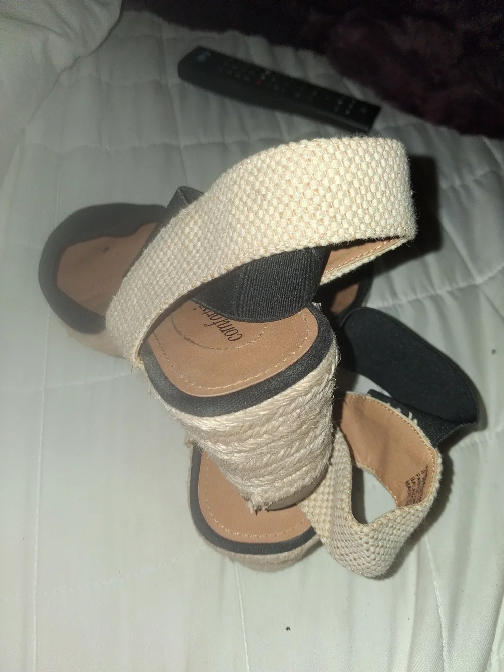 comfortview Black and Natural Espadrille Wedge Sandals